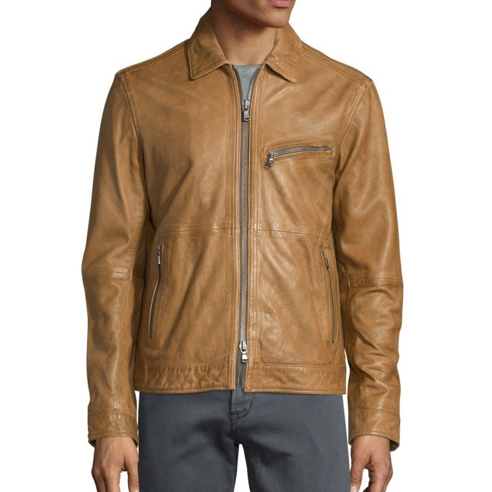 John Varvatos Leather Jacket Mens L Brown Tan Sheep Skin Biker Moto